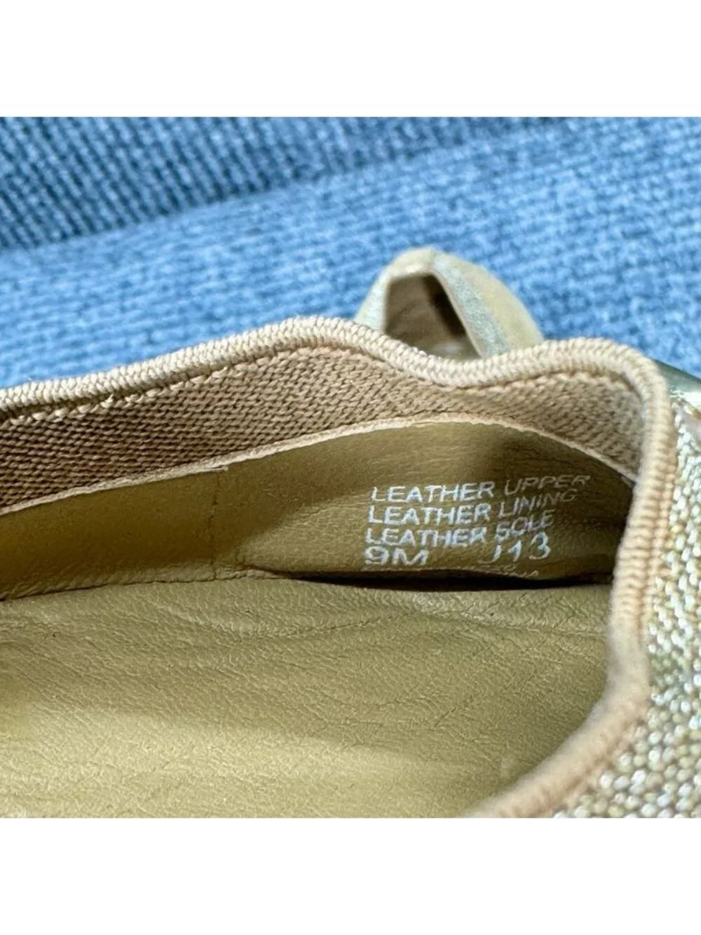 Tory Burch Caroline Nappa Ballet Flats Women’s 9 Camel Tan Gold Logo Metallic